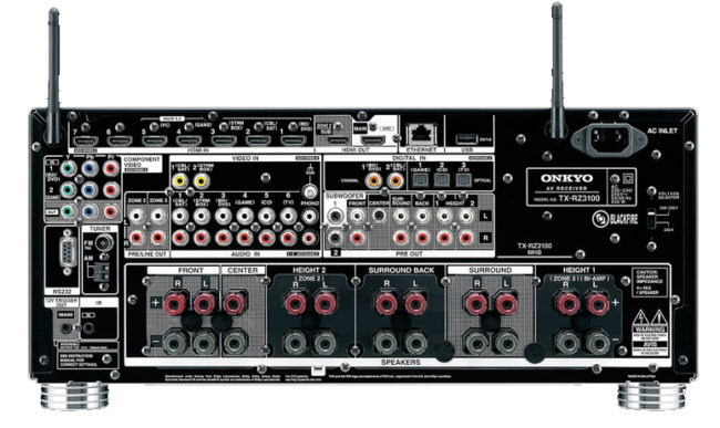 il pannello posteriore del TX-RZ3100: si riconoscono gli ingressi/uscite HDMI (un altro ingresso HDMI si trova sul pannello anteriore) e le undici uscite di potenza, quattro delle quali dedicate alla Zona 2 e alla Zona 3.